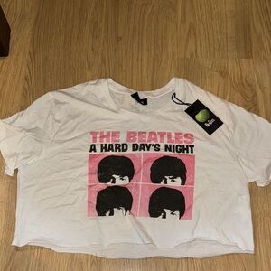 White The Beatles A Hard Day's Night women’s cropped T shirt.